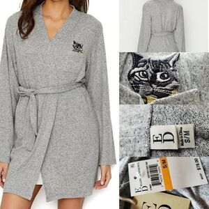 NEW ED KITTY CAT LADY  KITTEN GRAY BELTED SOFT ROBE S M small medium Ellen NWT